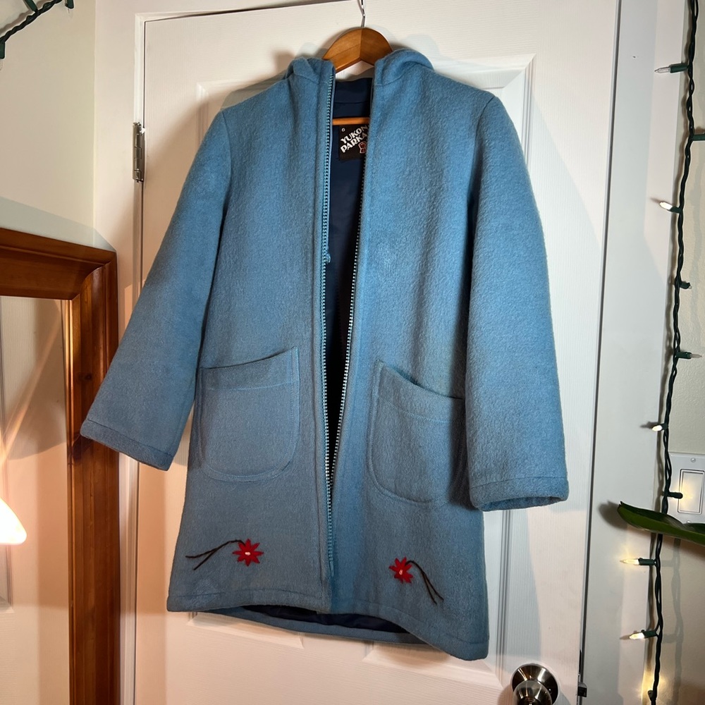 SOLD True vintage light blue wool Yukon Parka winter floral embroidered coat